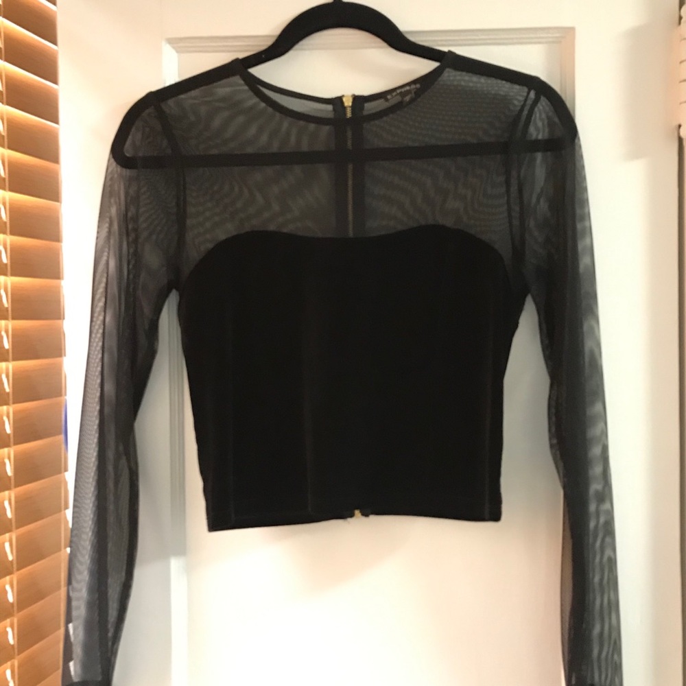 Express Long Sleeve Mesh + Velvet Zipper Back Top